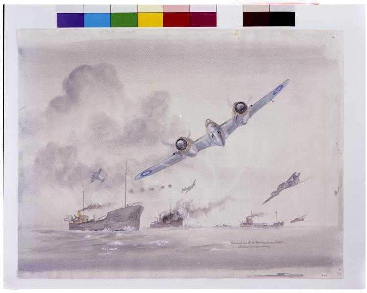 An artist's rendering (in colour sketch) of the planes of 404 squadron attacking German shipping boats. One plane is in the foreground, with others visible in the distance, flying over large cargo ships. Smoke billows off of one of the ships.